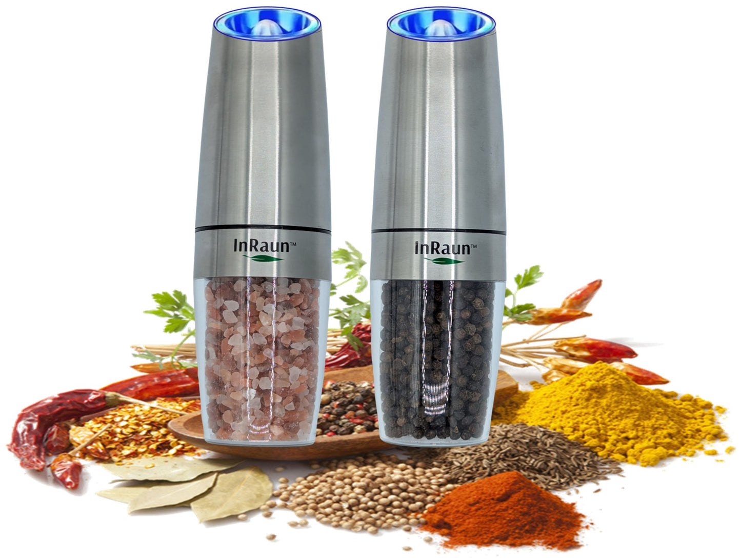InRaun Gravity Electric Salt and Pepper Grinder Set, Stainless Steel Pepper and Salt Mills Shakers, Adjustable Coarseness, Battery Powered with LED Light, One Hand Automatic Operation, Silver (2Psc)