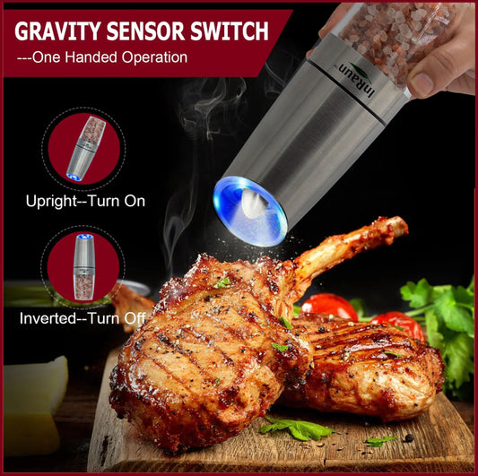 InRaun Gravity Electric Salt and Pepper Grinder Set, Stainless Steel Pepper and Salt Mills Shakers, Adjustable Coarseness, Battery Powered with LED Light, One Hand Automatic Operation, Silver (2Psc)