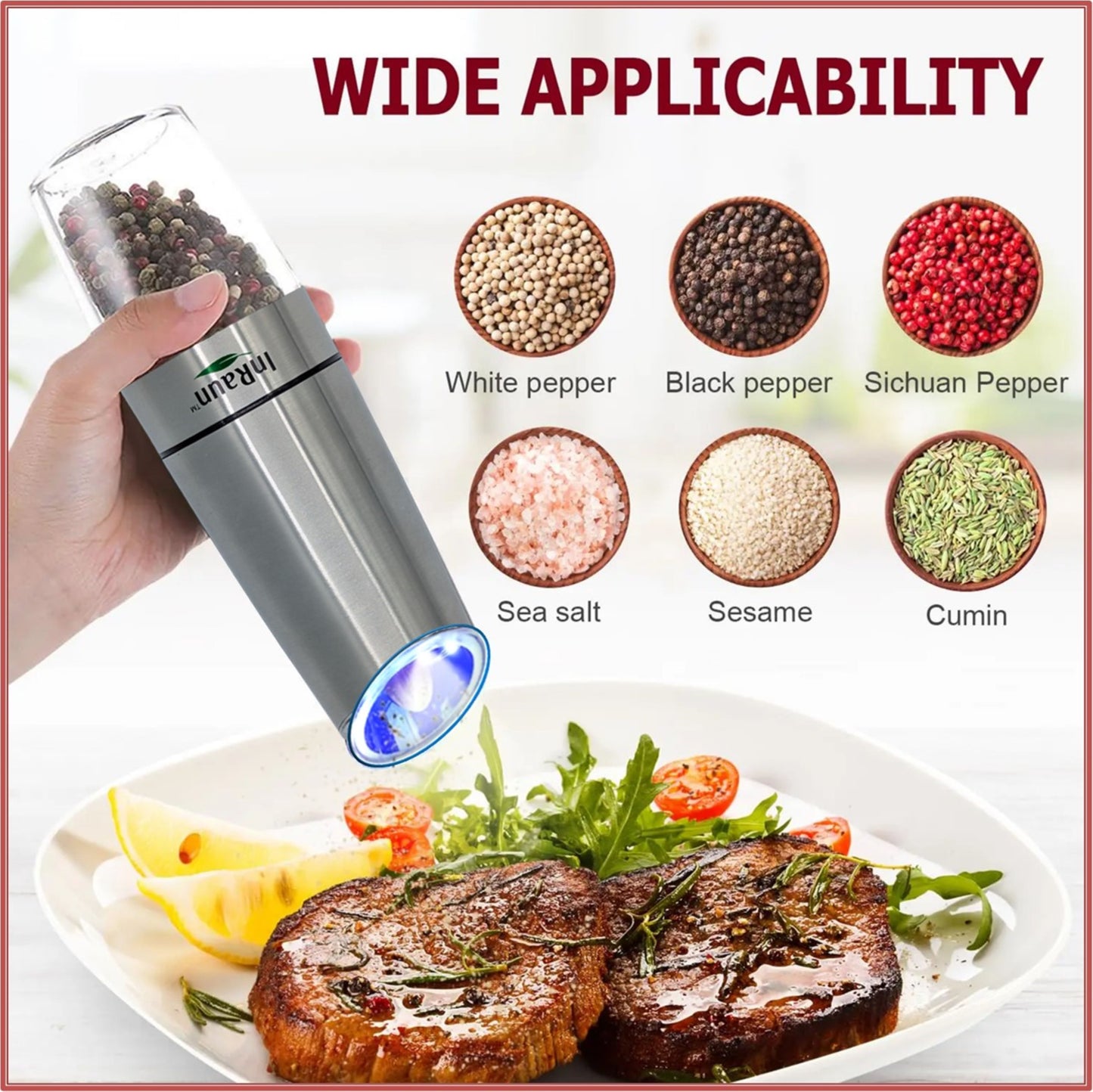InRaun Gravity Electric Salt and Pepper Grinder Set, Stainless Steel Pepper and Salt Mills Shakers, Adjustable Coarseness, Battery Powered with LED Light, One Hand Automatic Operation, Silver (2Psc)