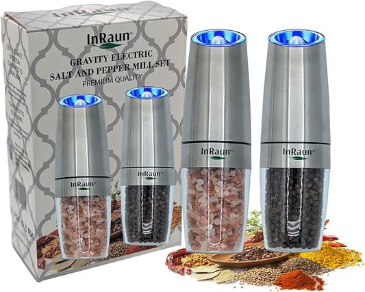 InRaun Gravity Electric Salt and Pepper Grinder Set, Stainless Steel Pepper and Salt Mills Shakers, Adjustable Coarseness, Battery Powered with LED Light, One Hand Automatic Operation, Silver (2Psc)