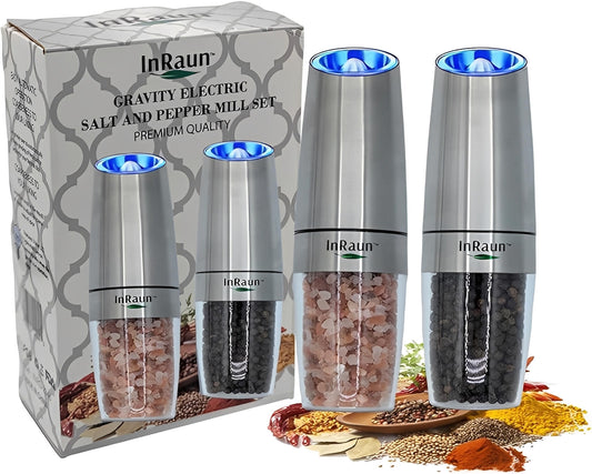 InRaun Gravity Electric Salt and Pepper Grinder Set, Stainless Steel Pepper and Salt Mills Shakers, Adjustable Coarseness, Battery Powered with LED Light, One Hand Automatic Operation, Silver (2Psc)