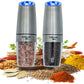 InRaun Gravity Electric Salt and Pepper Grinder Set, Stainless Steel Pepper and Salt Mills Shakers, Adjustable Coarseness, Battery Powered with LED Light, One Hand Automatic Operation, Silver (2Psc)