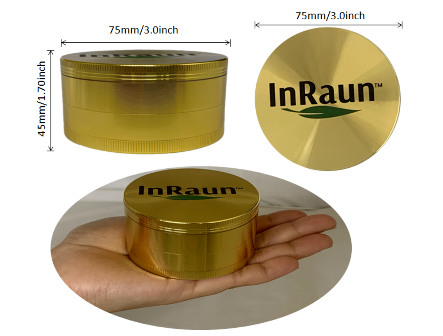 InRaun Large 3.0" inch 4-Piece 2-in-1 Metal Herb/Spice Grinder 90 Sharp Teeth